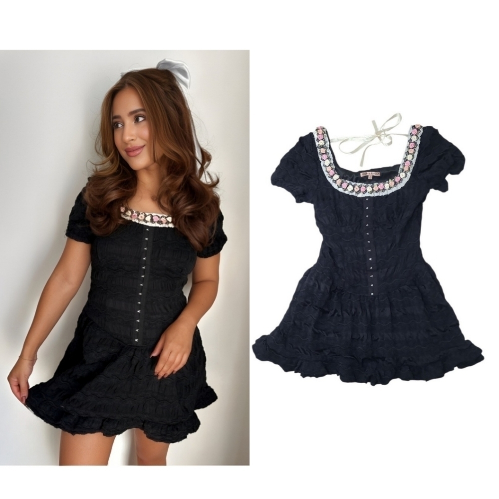 Bailey Rose Rose Neckline Ribbon Tie Back Lace Mini Dress Black Size XS - Picture 14 of 14